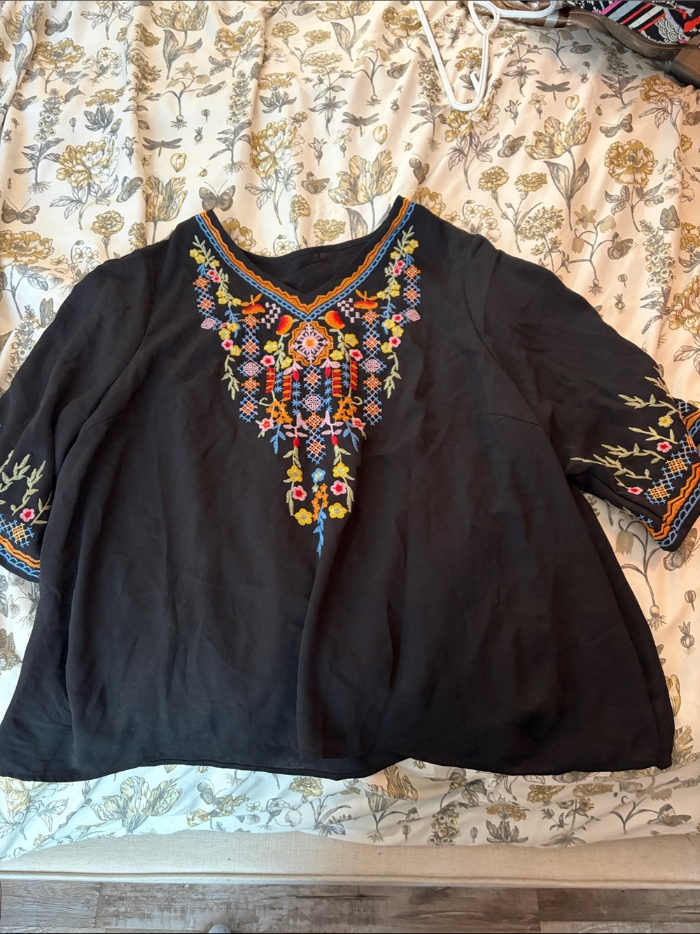 SHEIN Black Embroidered V-Neck Boho Tunic